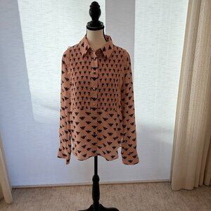Markus Lupfer Pink Bee Print Silk Blend Blouse Pleated Front Size L